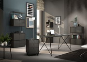 Moderner Büroraum mit Winkelschreibtisch, Rollcontainer und mehreren Aktenregalen, seitliche Perspektive