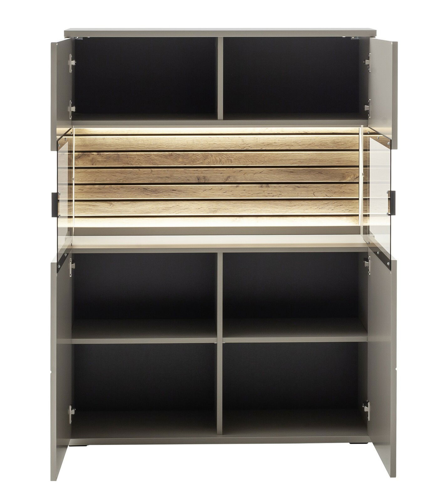 Frontale Ansicht eines Highboards mit offenen Türen, mehreren Fächern und einer beleuchteten Holzrückwand.