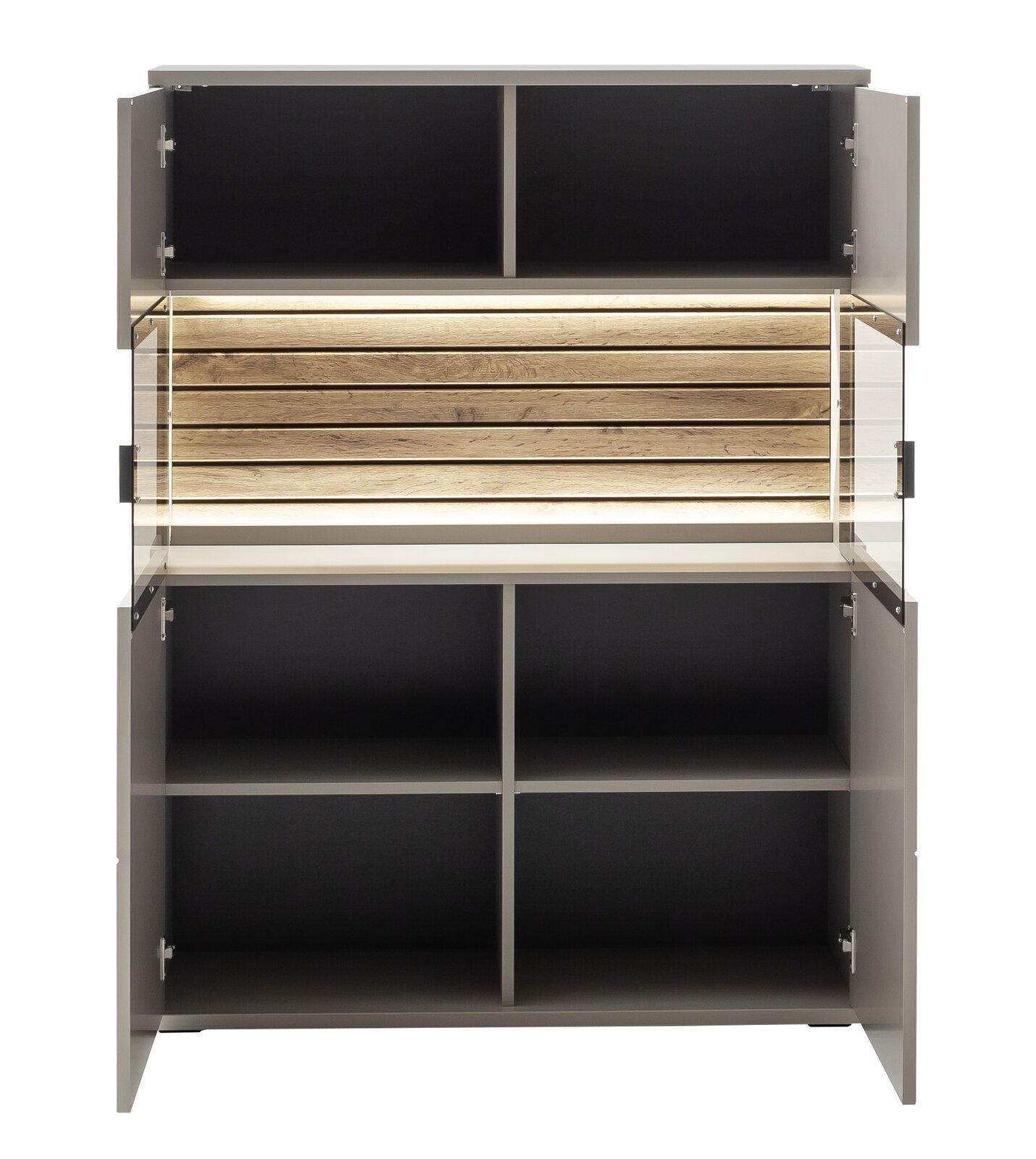Frontale Ansicht eines Highboards mit offenen Türen, mehreren Fächern und einer beleuchteten Holzrückwand.