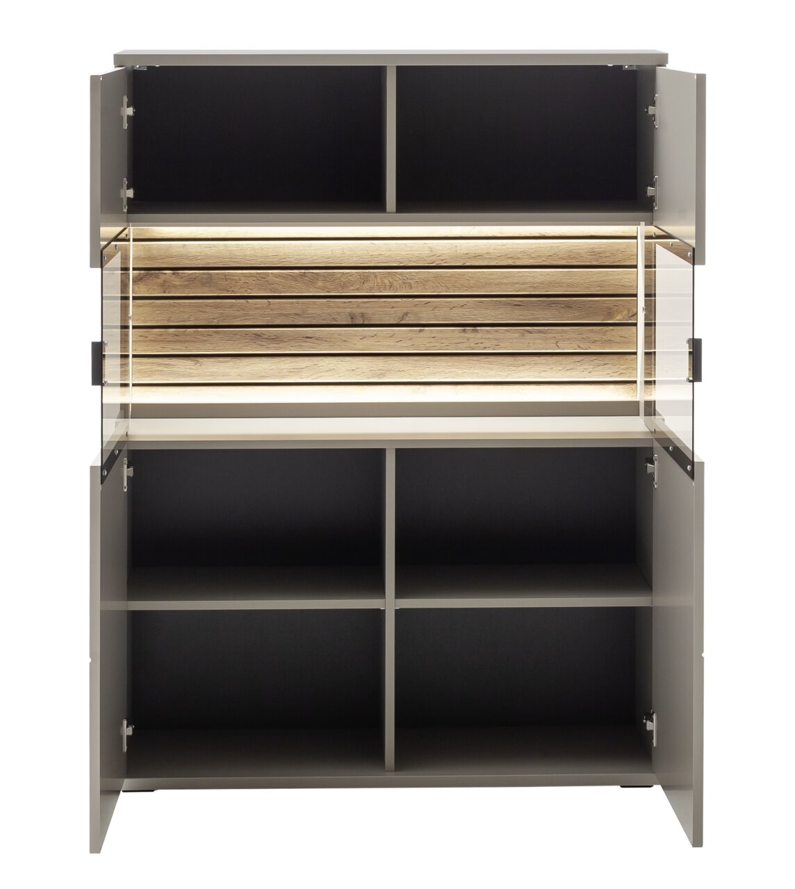 Frontale Ansicht eines Highboards mit offenen Türen, mehreren Fächern und einer beleuchteten Holzrückwand.