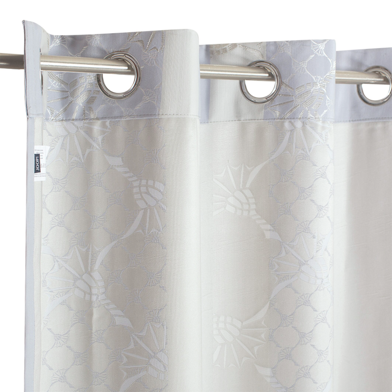 JOOP! Ösenschal J!REFLECTION ca.140x250cm Ösenvorhang mit floralem Muster in Nahaufnahme, aufgehängt an einer Metallstange