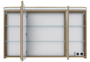 Spiegelschrank mit drei Türen, zwei davon geöffnet, zeigt Glasregale und integrierte Steckdosen, Frontalansicht.