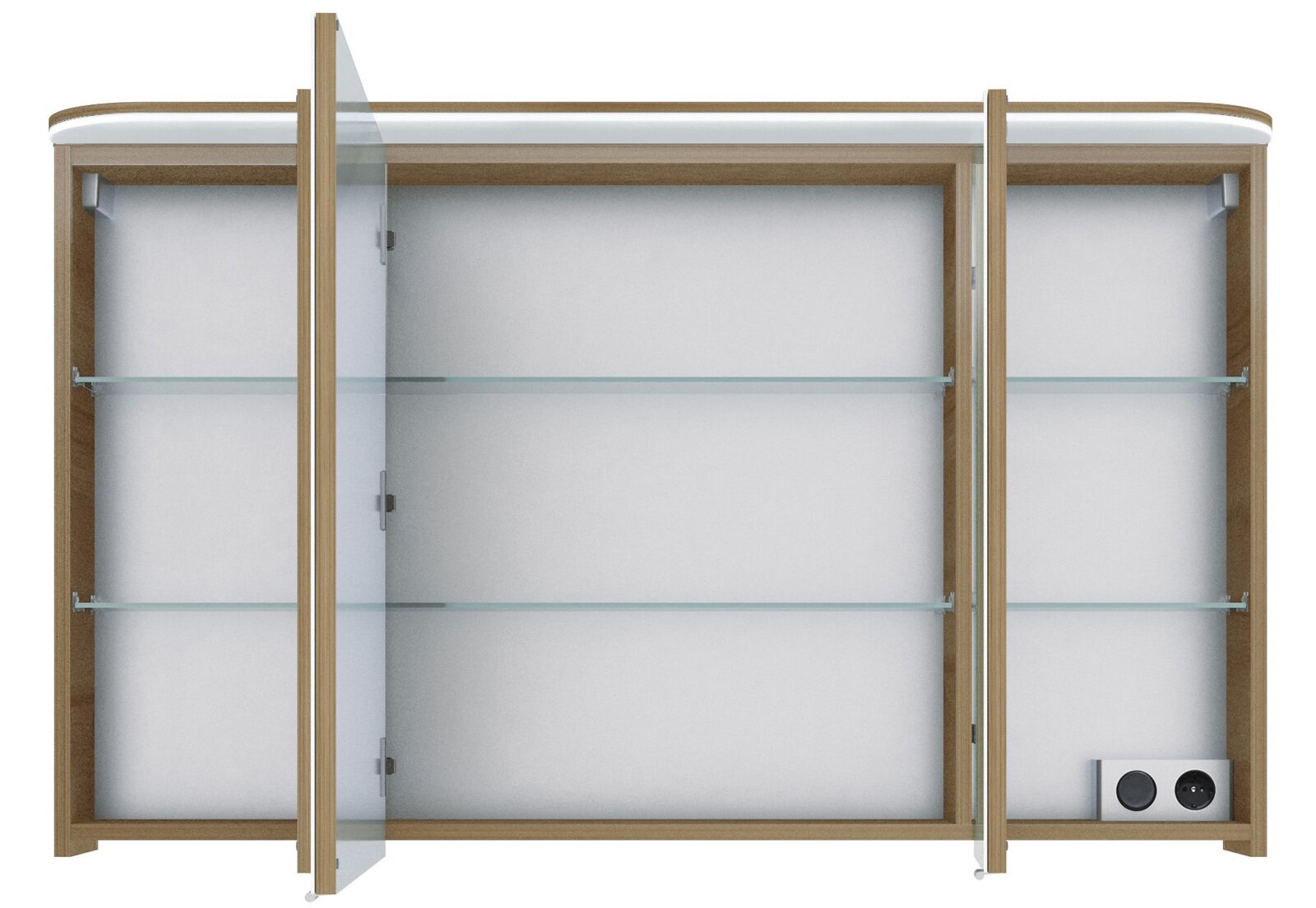 Spiegelschrank mit drei Türen, zwei davon geöffnet, zeigt Glasregale und integrierte Steckdosen, Frontalansicht.