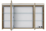Spiegelkast met drie deuren, waarvan er twee openstaan, met glazen planken en ingebouwde stopcontacten, vooraanzicht.