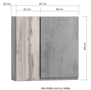 Hängeschrank 65 cm in Frontansicht mit Holz- und Betonoptik, Maße 65x64x20 cm