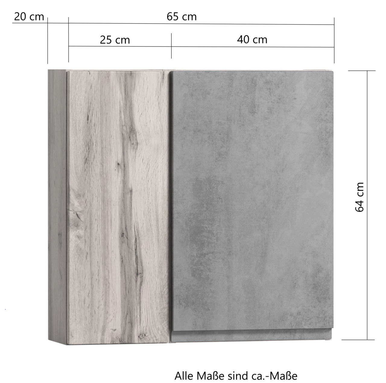 Hängeschrank 65 cm in Frontansicht mit Holz- und Betonoptik, Maße 65x64x20 cm