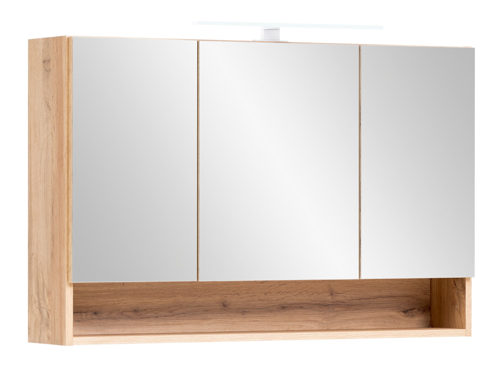 Spiegelschrank mit drei Türen und Holzrahmen, frontale Ansicht