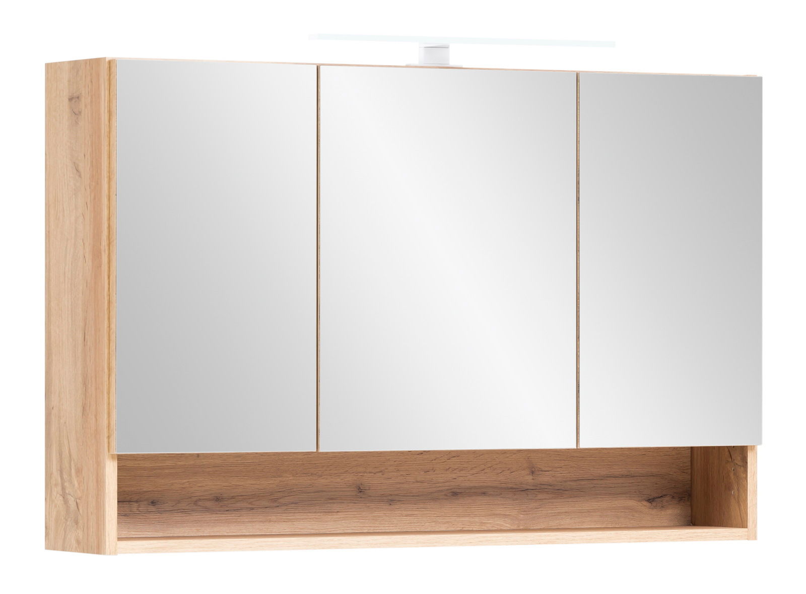 Spiegelschrank mit drei Türen und Holzrahmen, frontale Ansicht