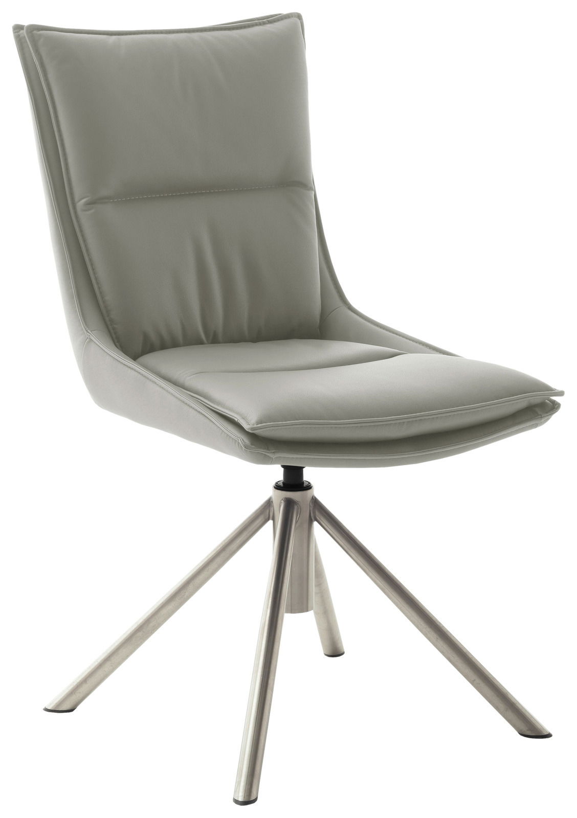 Moderner Stuhl mit gepolsterter Rückenlehne und Sitzfläche in hellgrauem Stoff, auf einem drehbaren Metallgestell. Seitenansicht.