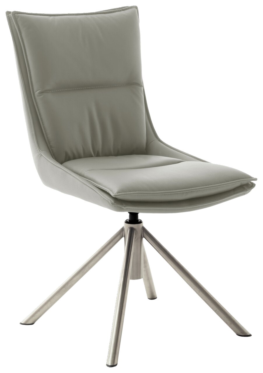 Novel Stuhl HOUSTON Moderner Stuhl mit gepolsterter Rückenlehne und Sitzfläche in hellgrauem Stoff, auf einem drehbaren Metallgestell. Seitenansicht.