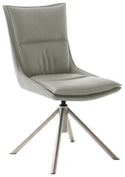 Moderner Stuhl mit gepolsterter Rückenlehne und Sitzfläche in hellgrauem Stoff, auf einem drehbaren Metallgestell. Seitenansicht.