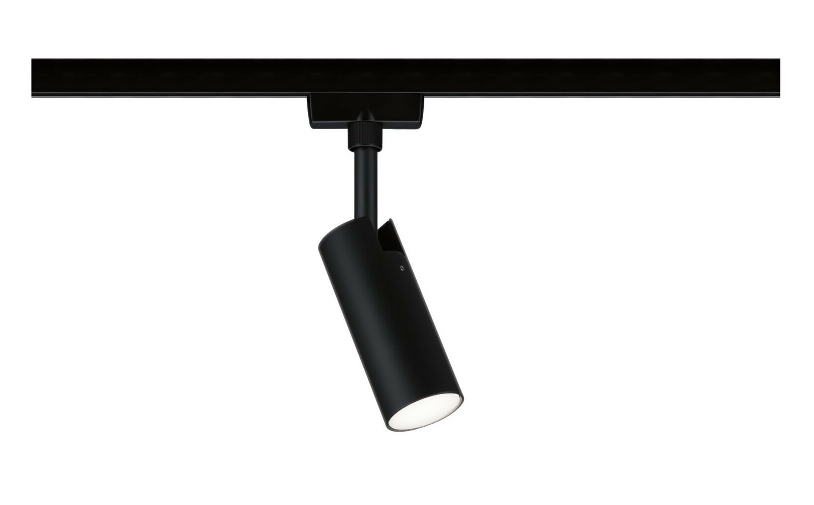 Schwarzer Schienenspot Tubo, seitliche Perspektive, montiert an einer Schiene