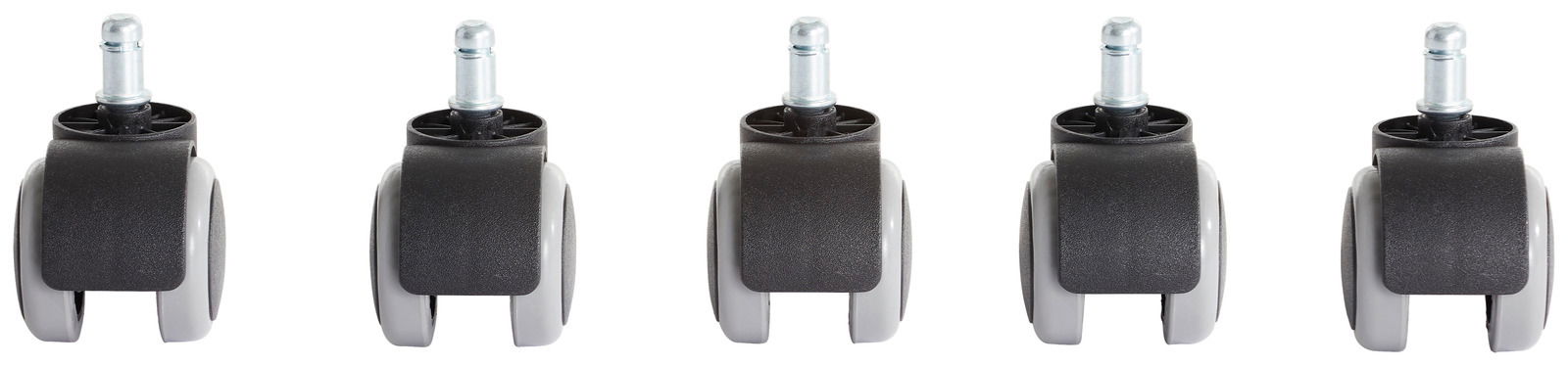 Fünf schwarze und graue Rollen für Möbel, frontal betrachtet.