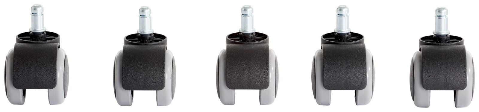 BOXXX Rollenset Filo Fünf schwarze und graue Rollen für Möbel, frontal betrachtet.