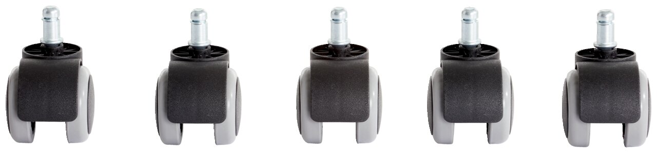 Fünf schwarze und graue Rollen für Möbel, frontal betrachtet.