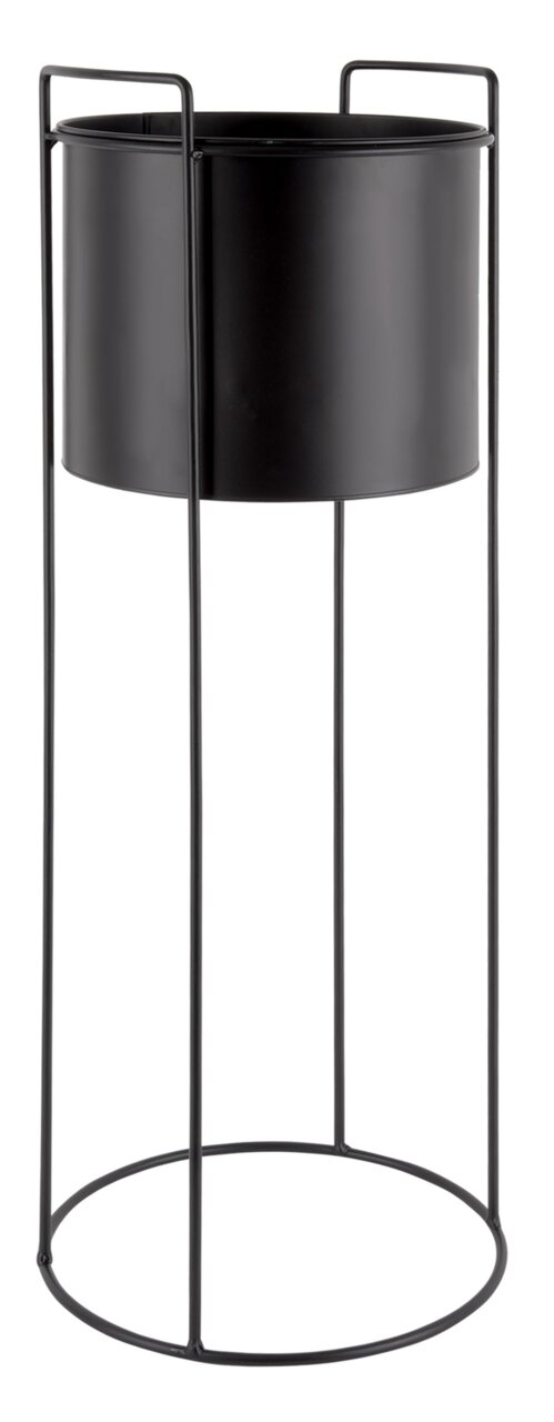 Schwarzer, hoher Pflanzkübel mit Metallgestell, seitliche Perspektive