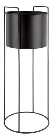 Schwarzer, hoher Pflanzkübel mit Metallgestell, seitliche Perspektive