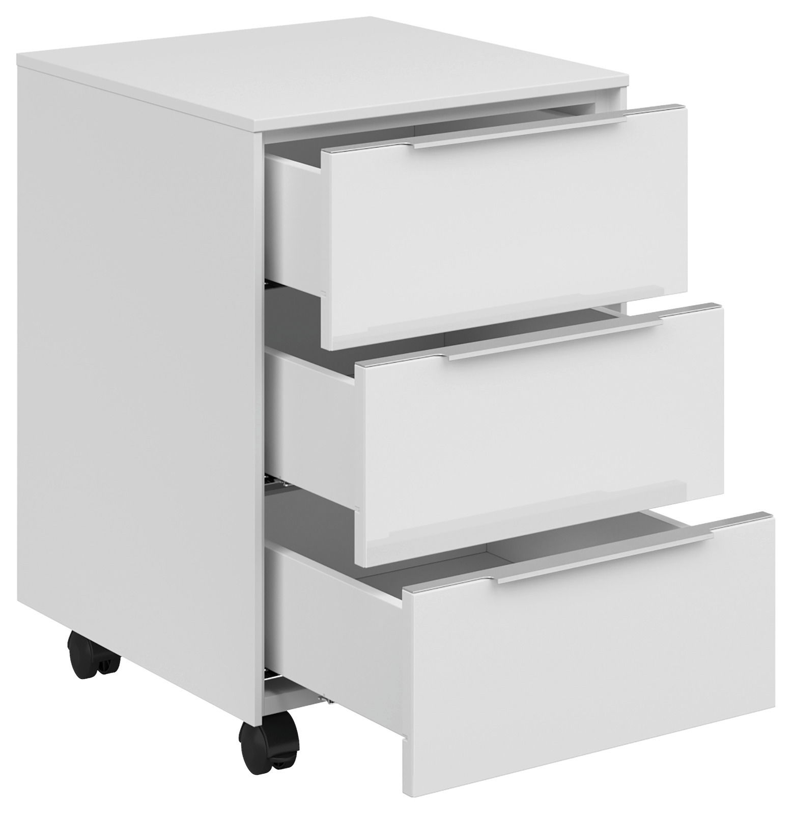 Weißer Rollcontainer mit drei geöffneten Schubladen, seitliche Perspektive