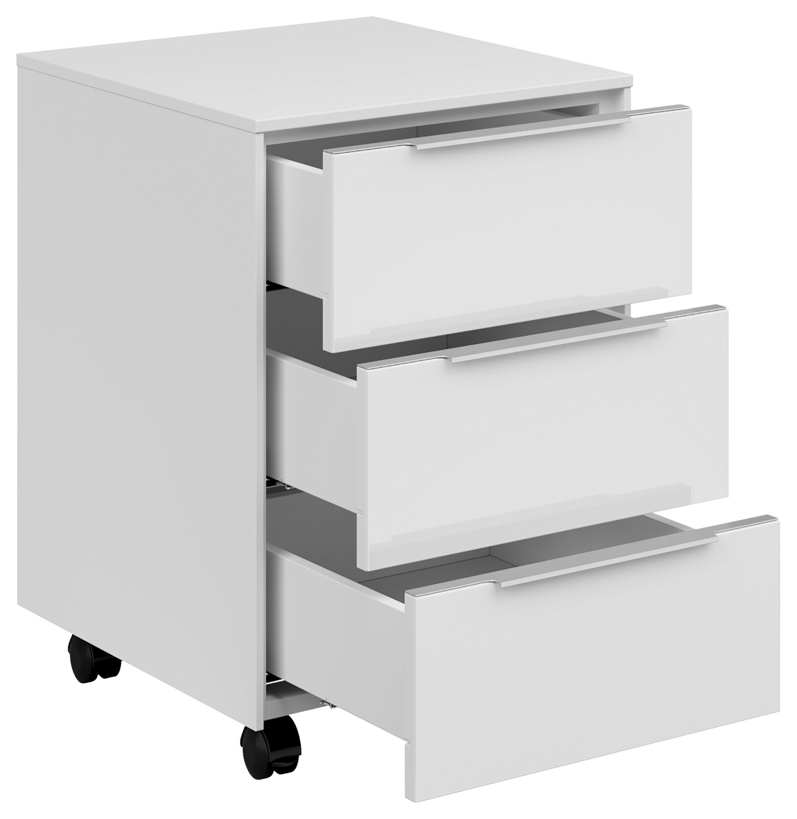 Weißer Rollcontainer mit drei geöffneten Schubladen, seitliche Perspektive
