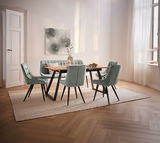 Esszimmer mit modernem Tisch und sechs gepolsterten Stühlen in einem hellen Raum mit großen Fenstern, seitliche Perspektive.