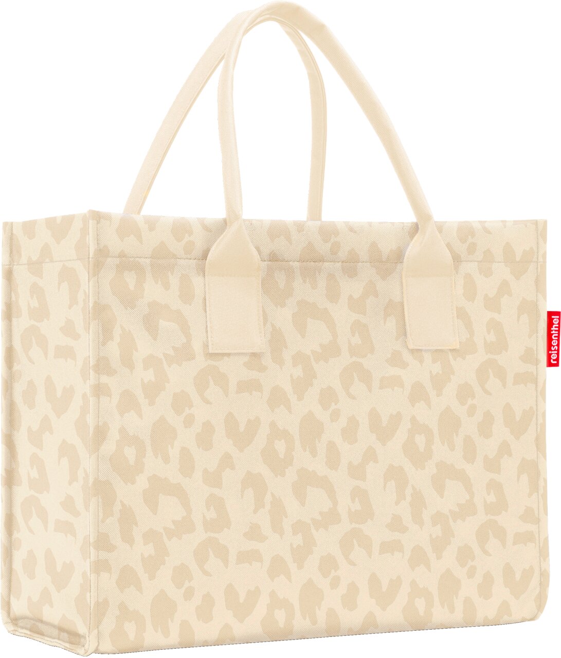 Beige Shopper-Tasche mit dezentem Leo-Muster und zwei Tragehenkeln, Frontansicht leicht schräg von vorn.