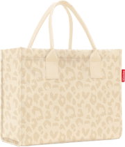 Beige Shopper-Tasche mit dezentem Leo-Muster und zwei Tragehenkeln, Frontansicht leicht schräg von vorn.