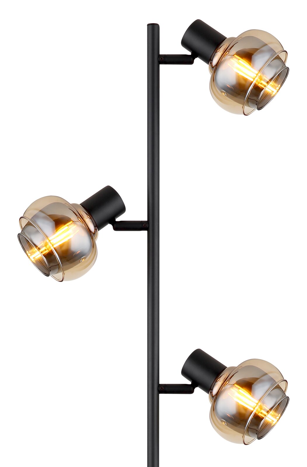 Moderne Stehleuchte mit drei verstellbaren Glaskugelleuchten, seitliche Perspektive