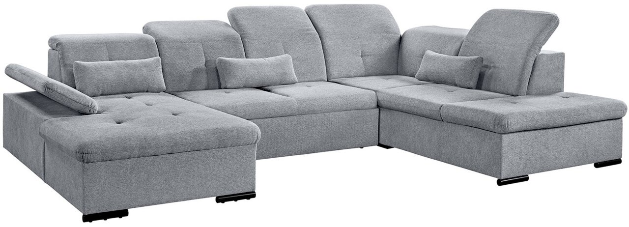 Graues Ecksofa mit verstellbaren Rückenlehnen und Kissen, Perspektive von vorne links