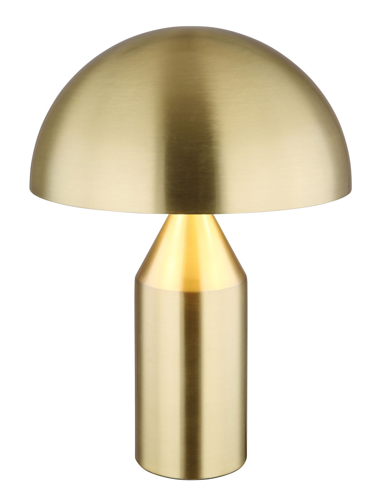 Goldene Tischleuchte ATOMA mit halbkugelförmigem Schirm und zylindrischem Sockel, frontal abgebildet.