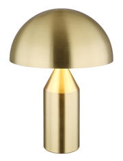 Goldene Tischleuchte ATOMA mit halbkugelförmigem Schirm und zylindrischem Sockel, frontal abgebildet.