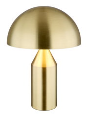 Goldene Tischleuchte ATOMA mit halbkugelförmigem Schirm und zylindrischem Sockel, frontal abgebildet.