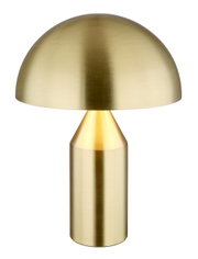 Goldene Tischleuchte ATOMA mit halbkugelförmigem Schirm und zylindrischem Sockel, frontal abgebildet.