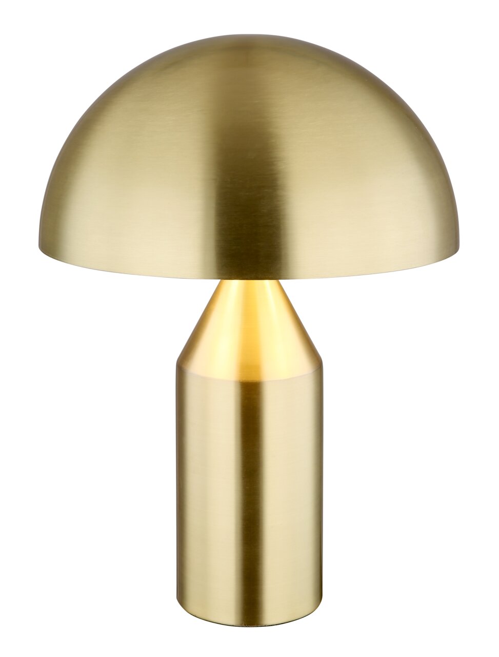 Goldene Tischleuchte ATOMA mit halbkugelförmigem Schirm und zylindrischem Sockel, frontal abgebildet.