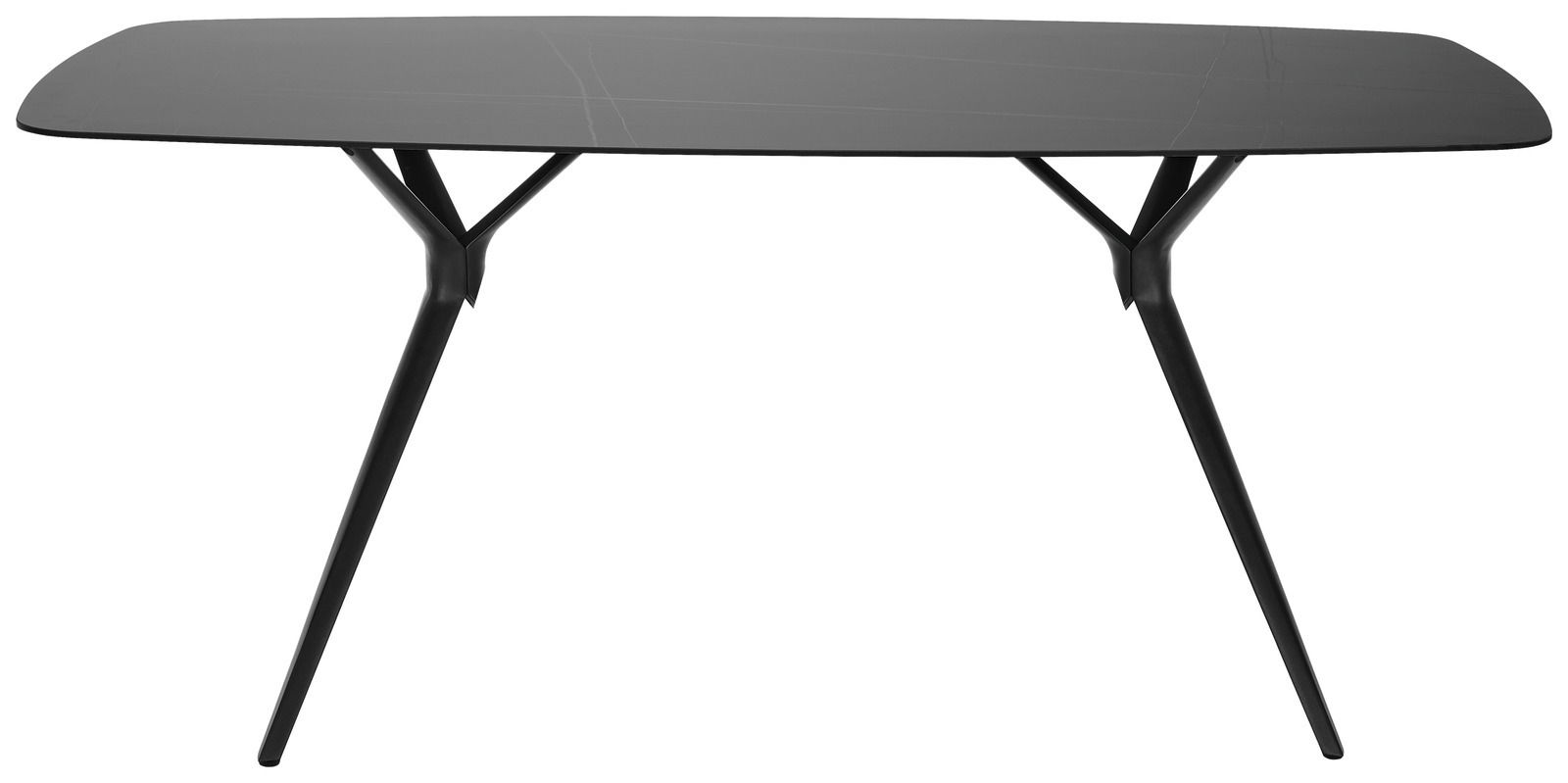 Moderner schwarzer Gartentisch mit schlanken Beinen, seitliche Perspektive