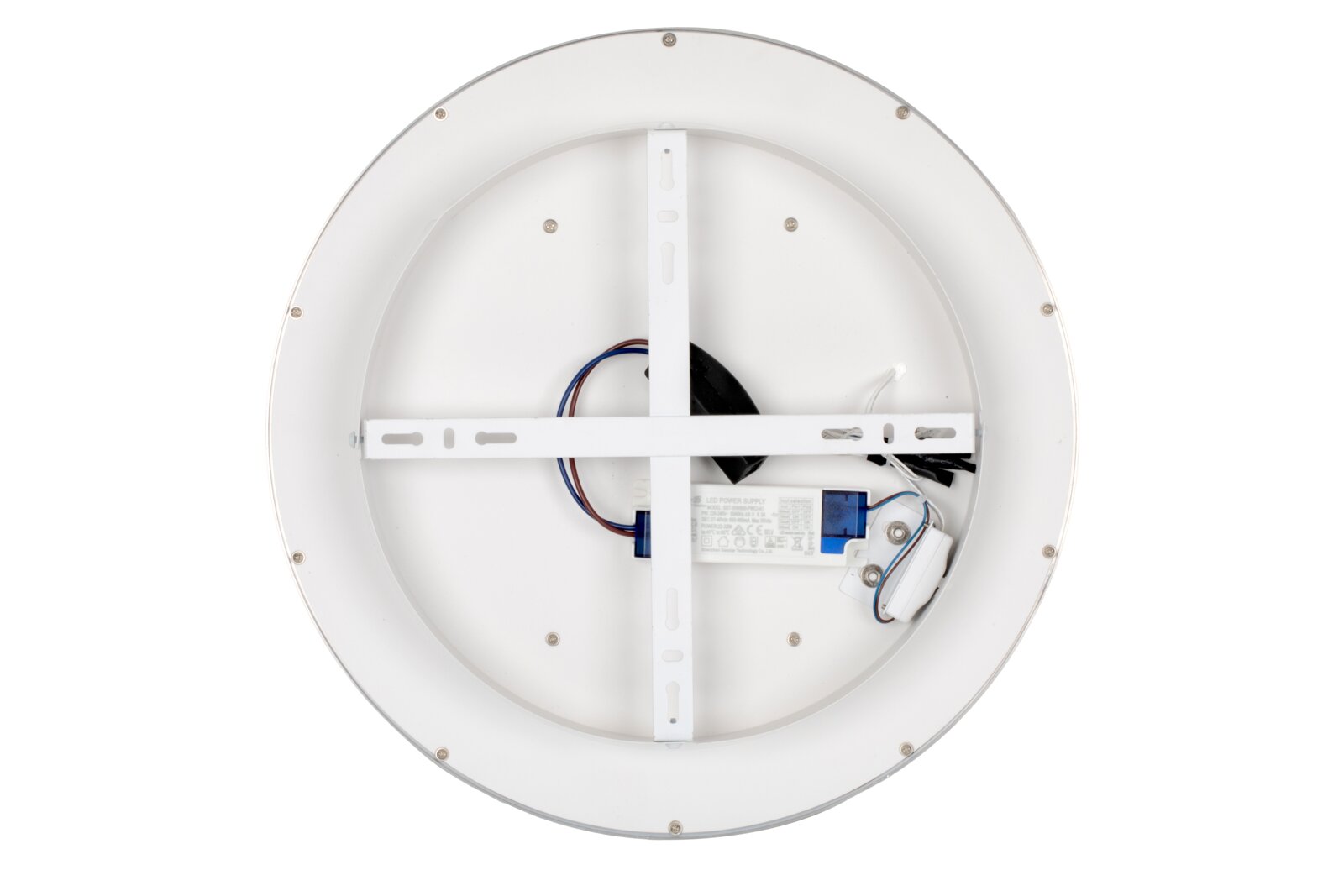 Rückansicht einer runden LED-Deckenleuchte mit sichtbarer Verkabelung und Montagestruktur.