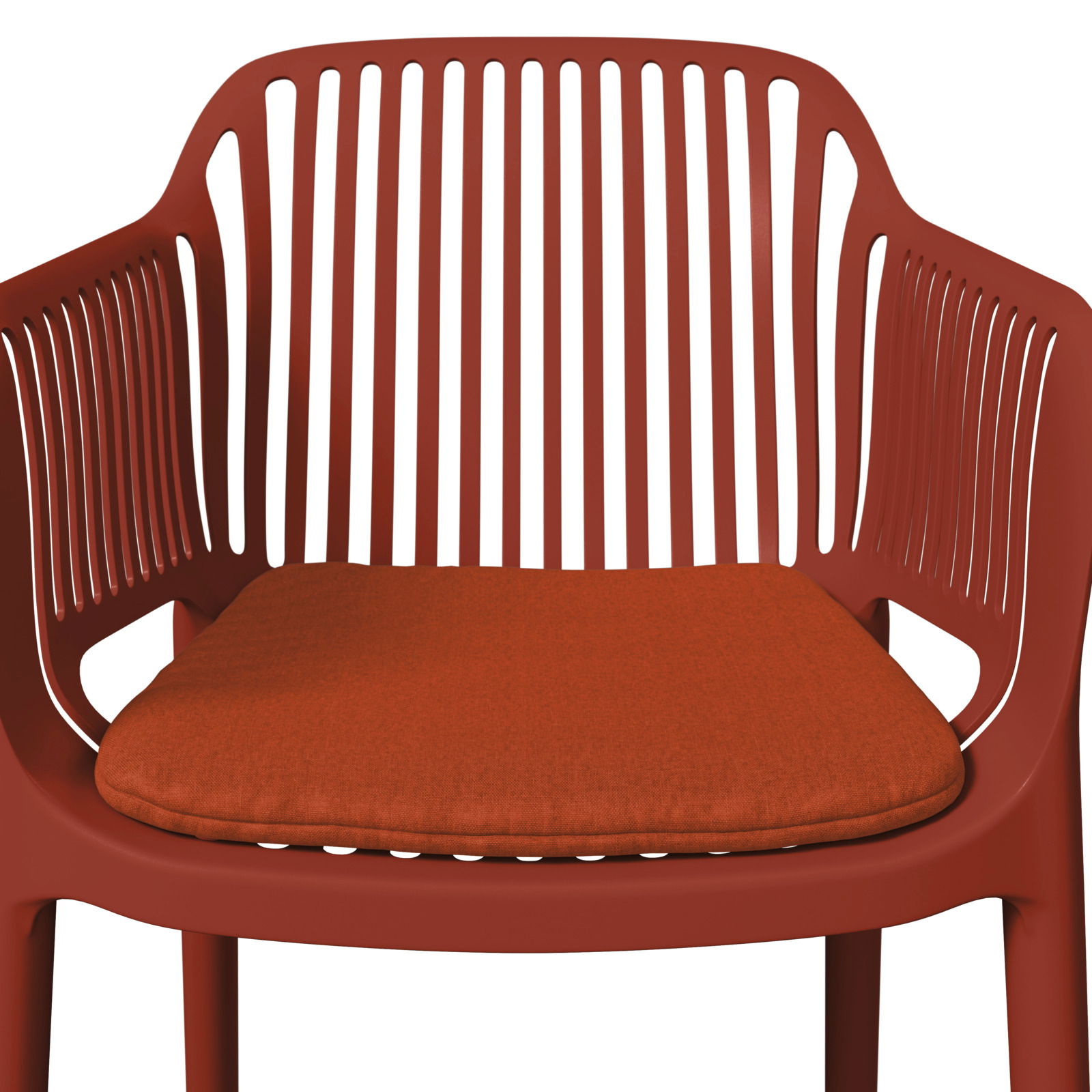 Roter Stapelsessel mit Kissen, Vorderansicht