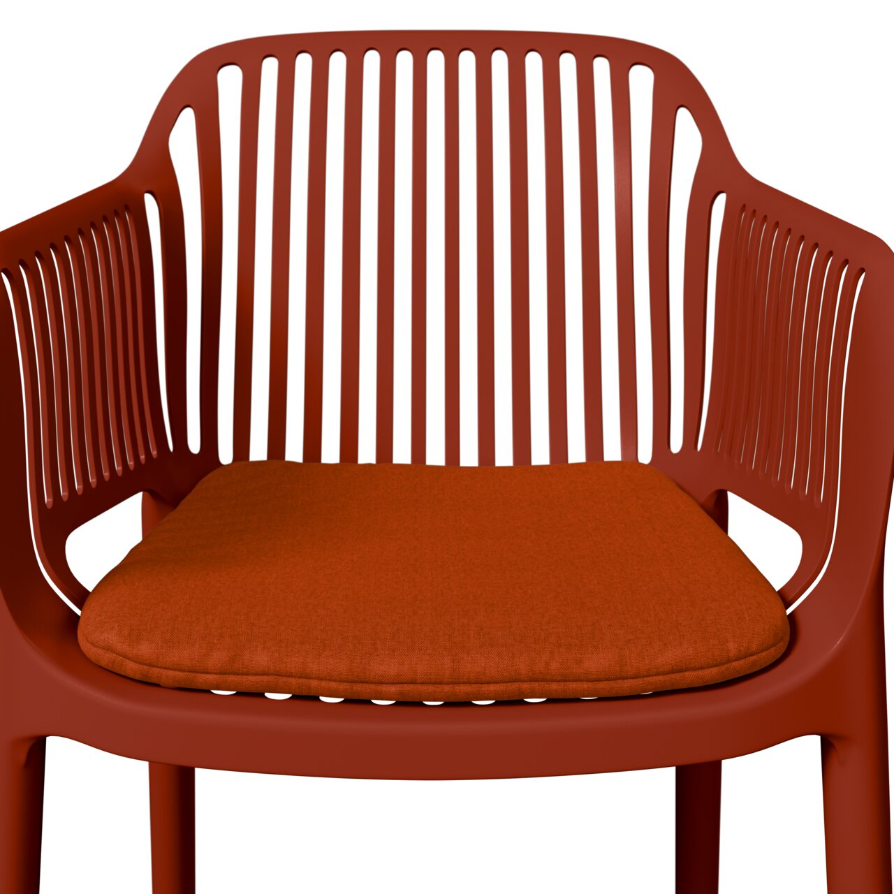 Roter Stapelsessel mit Kissen, Vorderansicht