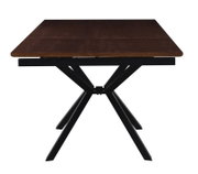 Uitschuifbare eettafel met donkerbruin houten blad en zwart metalen X-onderstel, gefotografeerd van voren op ooghoogte tegen een witte achtergrond