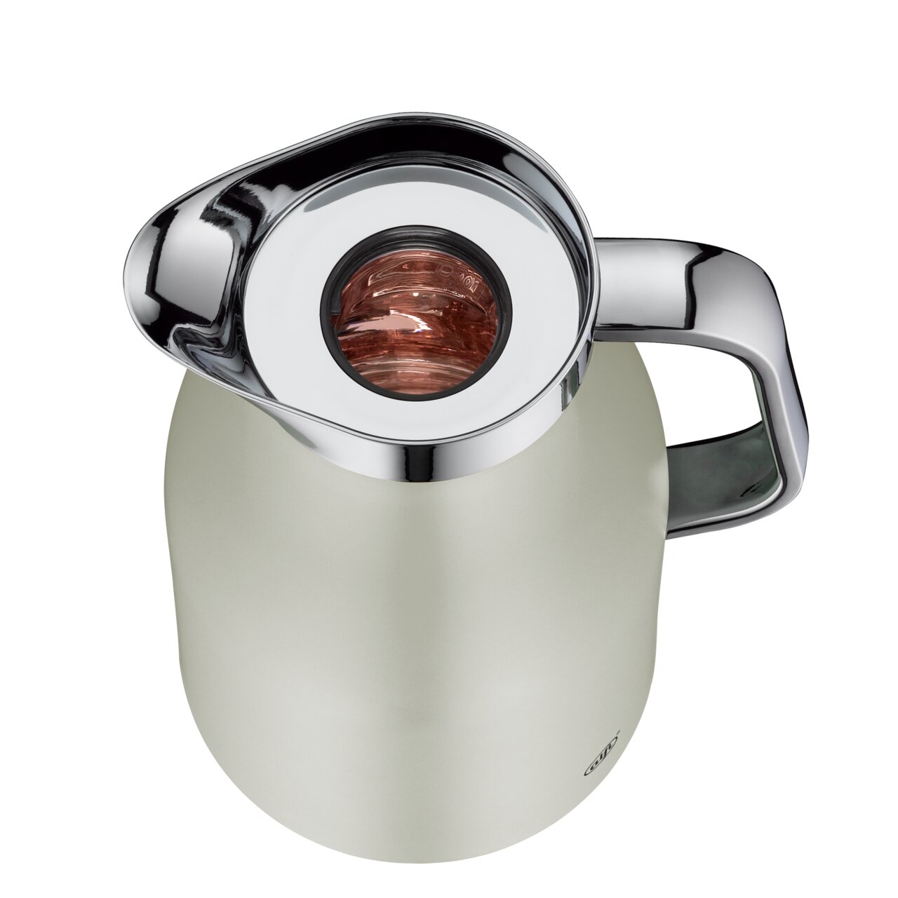 Ansicht von oben auf eine silberne Thermoskanne mit glänzendem Deckel und Griff, Modell SKYLINE silver lining 1,0l