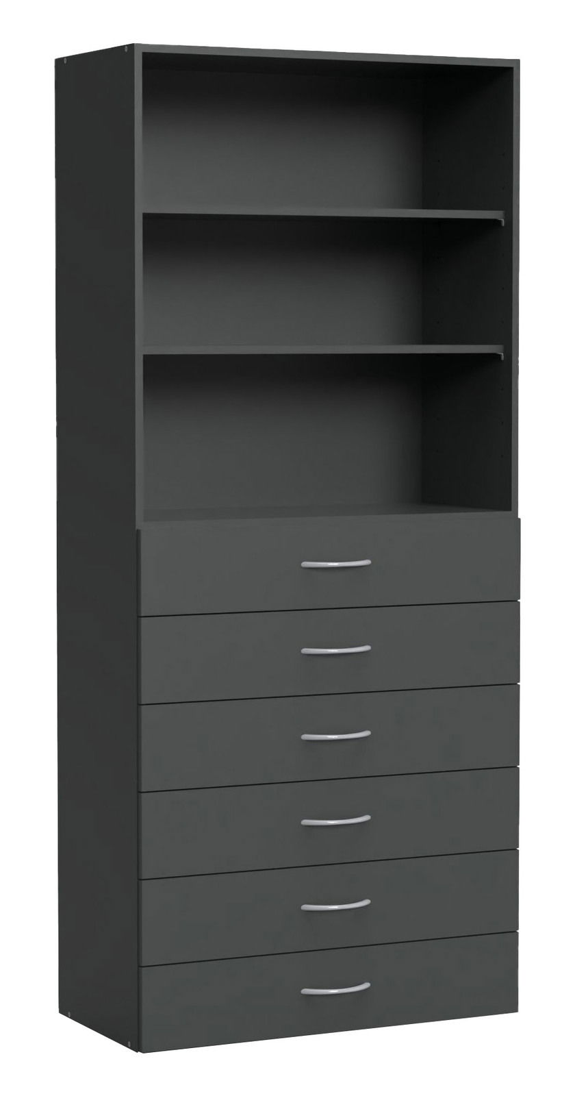 XORA Mehrzweckschrank MULTIRAUMKONZEPT Mehrzweckschrank in dunklem Grau mit zwei offenen Regalfächern und sechs Schubladen, seitliche Perspektive