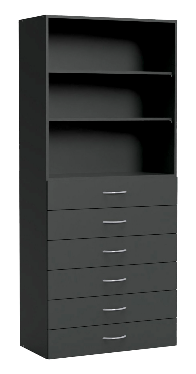 Mehrzweckschrank in dunklem Grau mit zwei offenen Regalfächern und sechs Schubladen, seitliche Perspektive