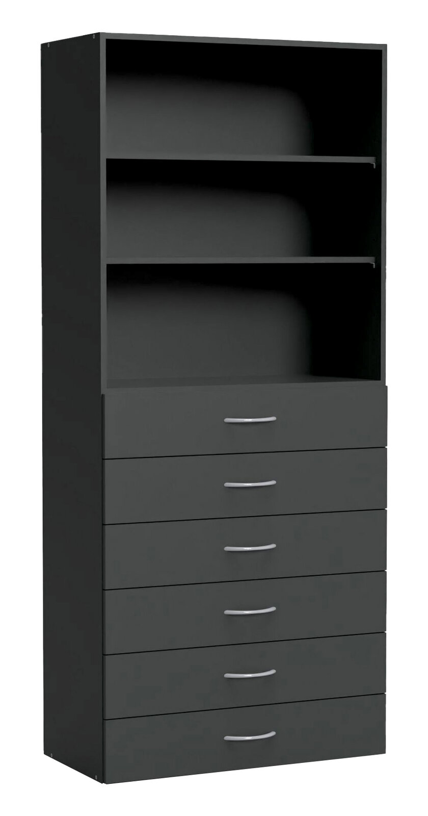 Mehrzweckschrank in dunklem Grau mit zwei offenen Regalfächern und sechs Schubladen, seitliche Perspektive
