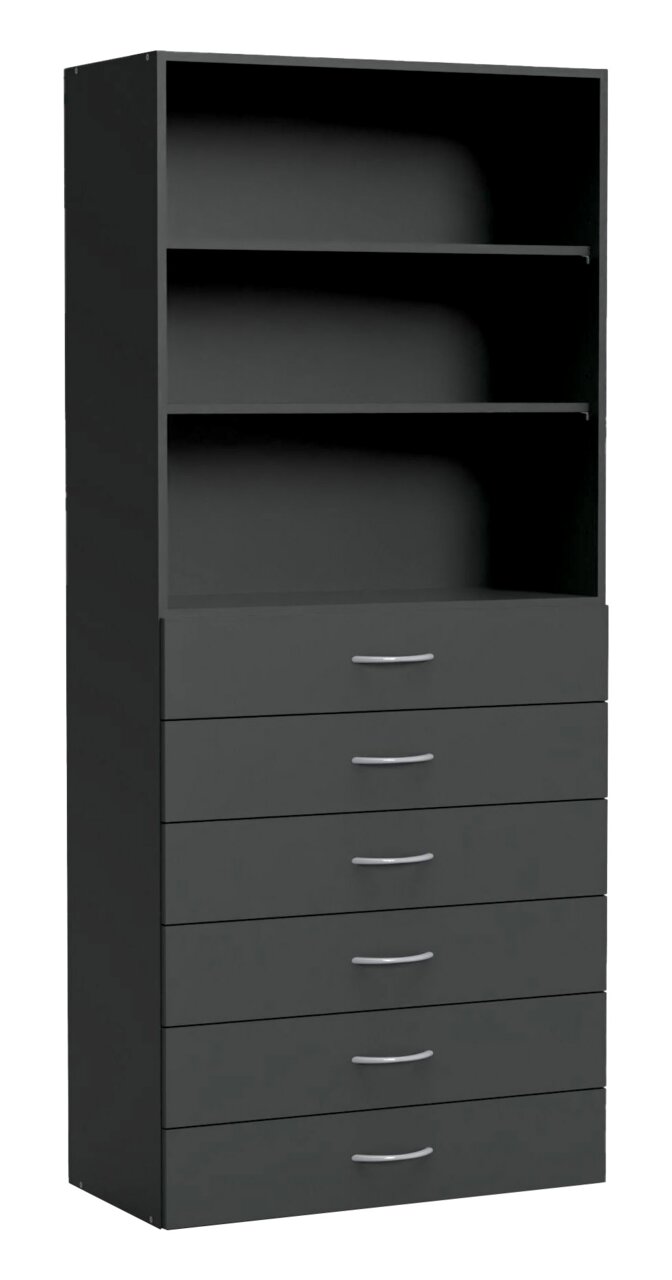 XORA Mehrzweckschrank MULTIRAUMKONZEPT Mehrzweckschrank in dunklem Grau mit zwei offenen Regalfächern und sechs Schubladen, seitliche Perspektive