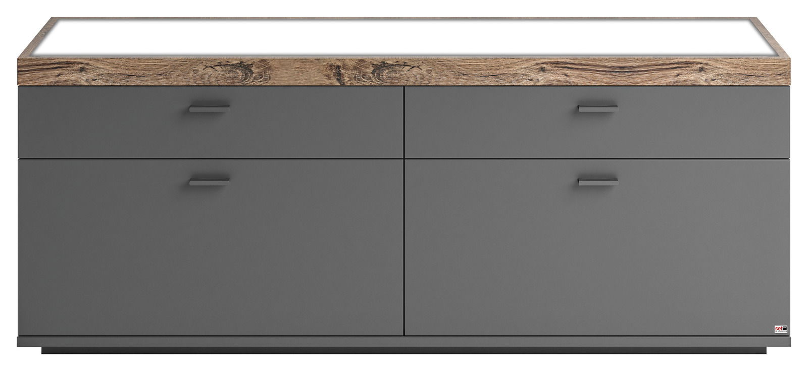 Frontansicht eines modernen TV-Lowboards mit grauen Schubladen und einer Holzoberfläche.