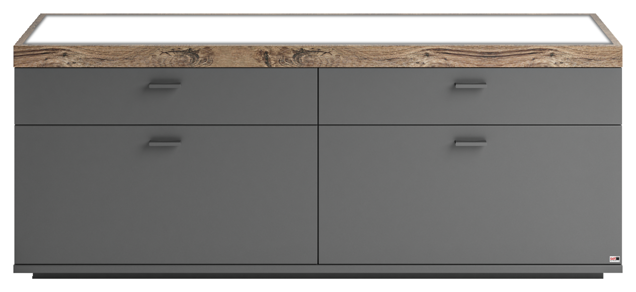 Frontansicht eines modernen TV-Lowboards mit grauen Schubladen und einer Holzoberfläche.