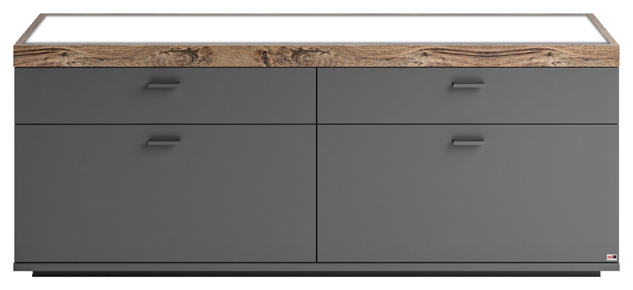 Frontansicht eines modernen TV-Lowboards mit grauen Schubladen und einer Holzoberfläche.