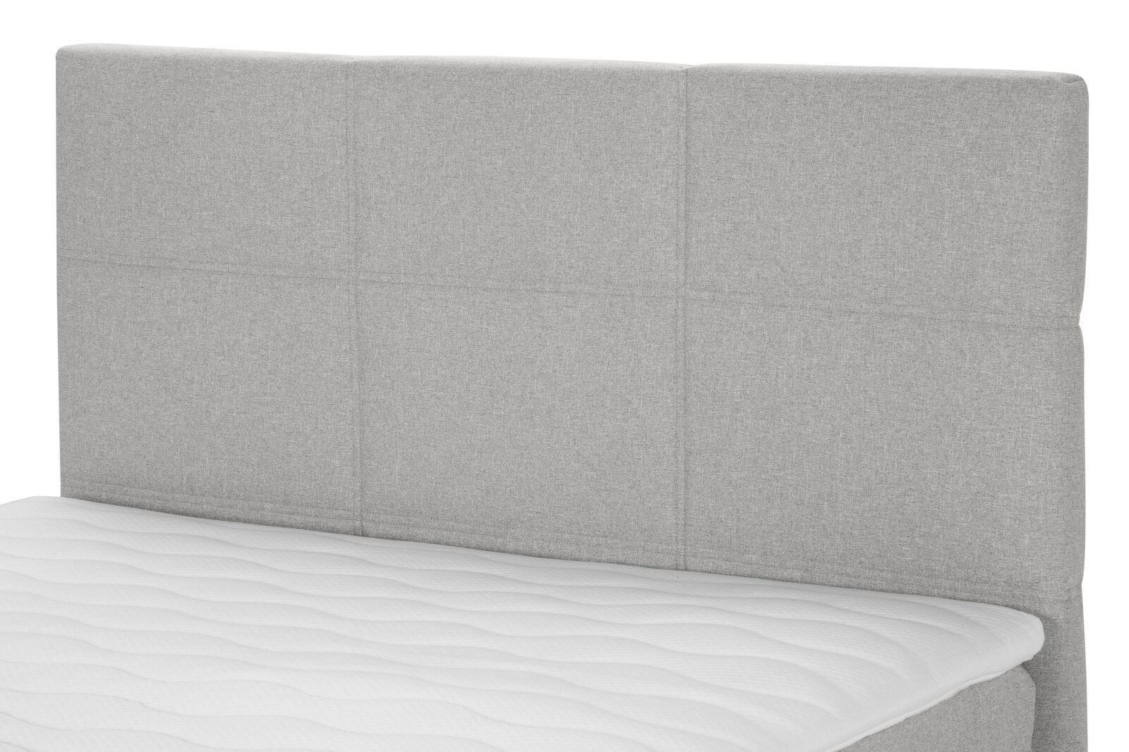 Graues Boxspringbett mit gestepptem Kopfteil, seitliche Perspektive