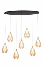Moderne LED-Hängeleuchte mit sieben tropfenförmigen, goldenen Lampenschirmen, von unten betrachtet.