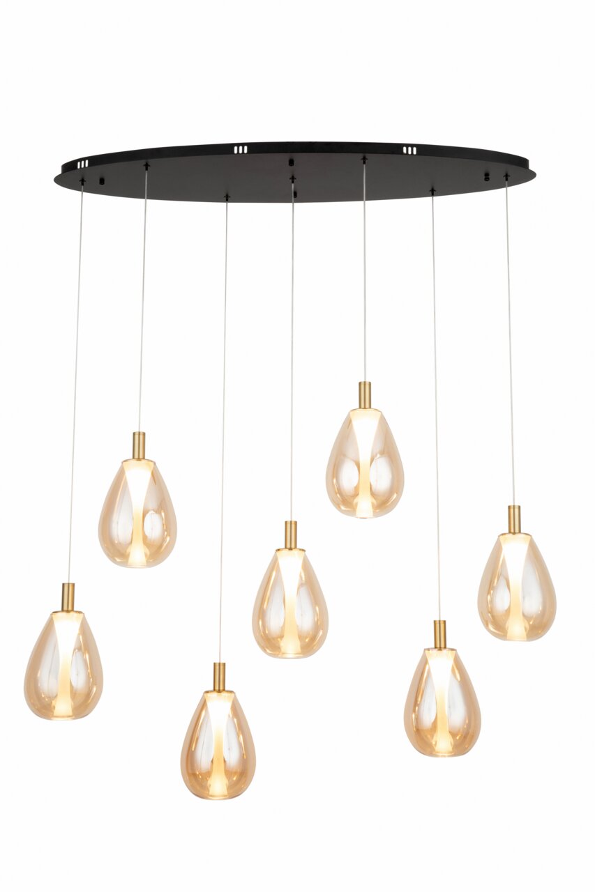 Novel LED-Hängeleuchte HÄNGELEUCHTE Moderne LED-Hängeleuchte mit sieben tropfenförmigen, goldenen Lampenschirmen, von unten betrachtet.