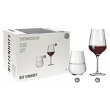 Rotweinset Sternschliff 12er-S von Ritzenhoff, bestehend aus 6 Rotweingläsern und 6 Wassergläsern, seitliche Ansicht der Verpackung und Gläser.